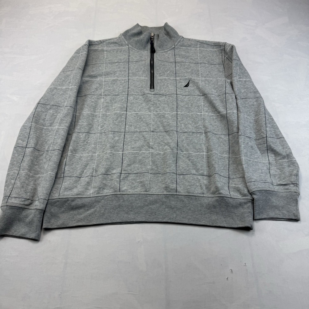Nautica Mens L Gray Windowpane 1/4 Zip Pullover Sweatshirt